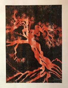 Hannelore Mann, Baum orange, Farbholzschitt